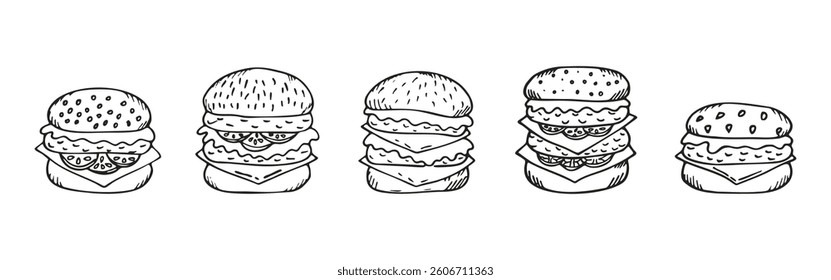 Hand Drawn Burger Set Isolated On White Background. Doodle Style Hamburger Collection. Fast Food Sketch for Menu, Restaurant, Posters, Banners, Flyer. Vector Illustration Line Art Сheeseburger Design.