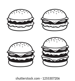 Hand drawn burger sketch set. Simple, double and triple cheeseburger. Black and white vector illustration.