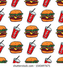 Hand Drawn Burger and Soda Drink Seamless Pattern Background. Vector illustration