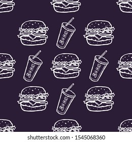 Hand Drawn Burger and Soda Drink Seamless Pattern Background. Vector illustration