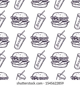 Hand Drawn Burger and Soda Drink Seamless Pattern Background. Vector illustration