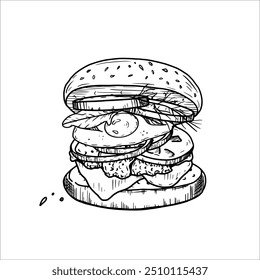 Hand drawn burger with tomatoes, eggs, cheese, onions.