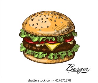 Hand drawn burger. VECTOR colored sketch. Fast food products.