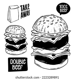 Hand drawn burger vector doodle. Hamburger sketch illustration for print, web and infographics.