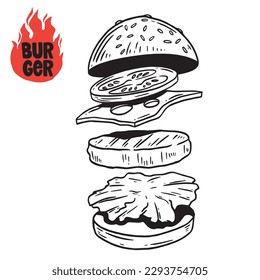 Hand drawn burger vector doodle. Hamburger sketch illustration for print, web and infographics.