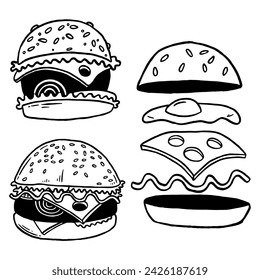 Handgezeichnetes Burger-Vektor-Doodle. Hamburger Skizzenabbildung für Print, Web und Infografiken.