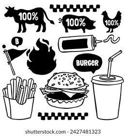 Dibujado a mano burger vector doodle. Ilustración de boceto de hamburguesa para impresión, web e infografías.