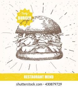 Hand drawn burger. Vector fast food.
