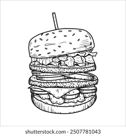 Hand drawn burger , vector fastfood illustration.