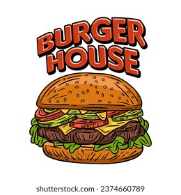 Handgezeichnetes Hamburger-Vektorlogo auf weißem Hintergrund. Burger Sketch-Vektorgrafik, einzeln. Burger-Doodle mit Farbe im Vintage-Stil