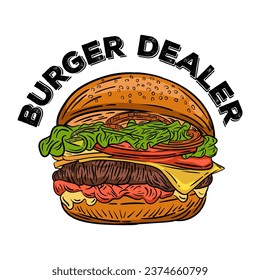 Hand drawn burger vector logo on white background. Burger sketch illustration vector isolated. Burger doodle with color with vintage style
