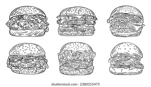 Hand drawn burger vector logo collection on white background. Burger sketch illustration vector bundle. Set of vintage style burger doodle vector