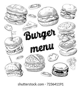 Hand Drawn Burgers. Fast Food Menu with Cheeseburger, Sandwich and Hamburger. Vector illustration