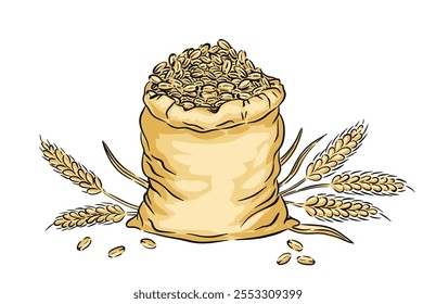 Hand drawn burlap sack filled with grains and surrounded by wheat stalks vector illustration