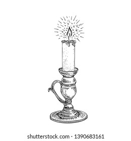 Hand drawn burning candle in candlestick isolated on white background. Sketch ink vector illustration