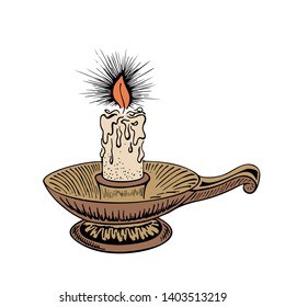 Hand drawn burning candle in candlestick isolated on white background. Sketch ink vector illustration
