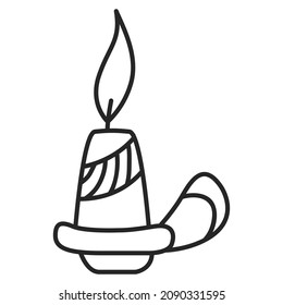 Hand Drawn burning candle in candlestick.Linear icon.Sketch on white background isolated.Outline vector illustration.