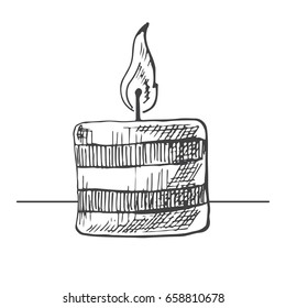 Hand drawn burning candle isolated on white background. Vector illustration of a sketch style.