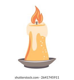 Hand drawn burning candle from paraffin wax. Decorative design element. Vector illustration