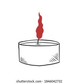 Hand drawn burning candle with red flame. Vector illustration isolated on white background.
