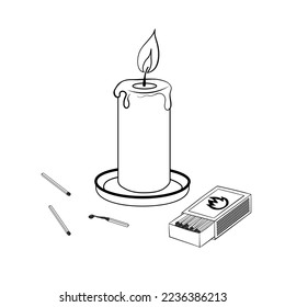 Hand drawn burning candle and safety matches. Stock outline sketch style vector illustration, isolated on white background.