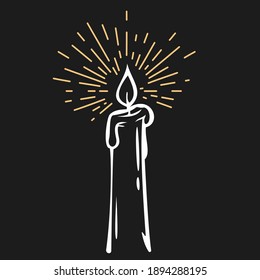 Hand drawn burning candles with rays in doodle sketch style isolated on black background. Cartoon vector illustration.