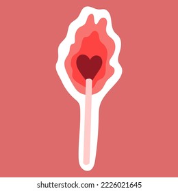 Hand drawn burning match with heart shape head.