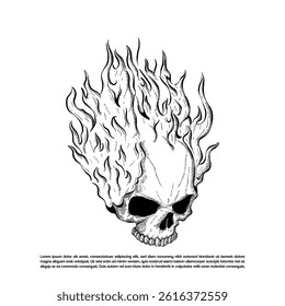 Hand drawn Burning skull face vector isolated on white background, flame skull illustration