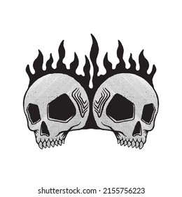 hand drawn burning twin skull doodle illustration for tattoo stickers poster etc