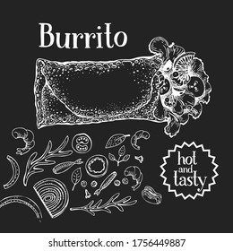 Banner con burrito dibujado a mano. Ilustraciones de comida rápida vectorial en pizarra. Fondo de comida chatarra vintage