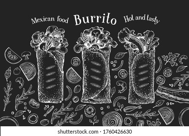 Hand drawn burrito banner. Vector fast food illustrations on chalk board. Vintage junk food background
