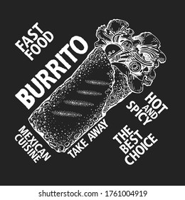 Hand drawn burrito banner. Vector fast food illustrations on chalk board. Vintage junk food background