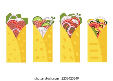 Hand drawn burritos collection in flat style. Perfect for tee, stickers, menu and stationery. Isolated vector illustration for decor and design. 



