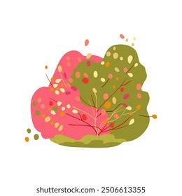 Hand drawn bush with orange, pink, and green leaves. Autumn and spring themes. Simple design. Flat vector illustration. Icon.