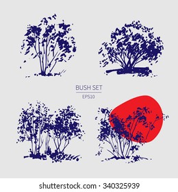 Hand drawn bush Set. Tree collection. Shrub vector illustration. Line ink freehand sketch. Vintage design for postcard template. Freehand drawing with liner pen on paper.