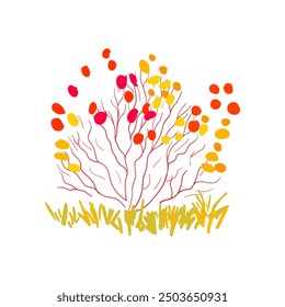 Arbusto dibujado a mano con ramas delgadas en rojo y amarillo. Diseño sencillo. Ilustración vectorial plana. Plano de iconos