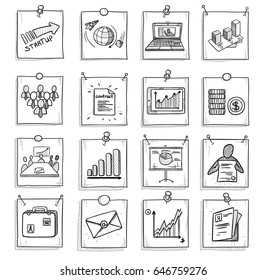Hand drawn business concept with laptop chart graphs teamwork money documents briefcase marketing elements on note papers isolated vector illustration