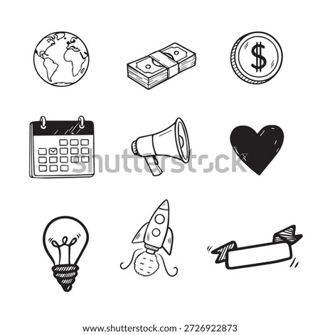 Hand drawn business and creativity doodle icon set. Large vector collection of sketches: Earth globe, money, calendar, megaphone, heart, light bulb, rocket, and banner ribbon. Minimalist design elements isolated on white background.