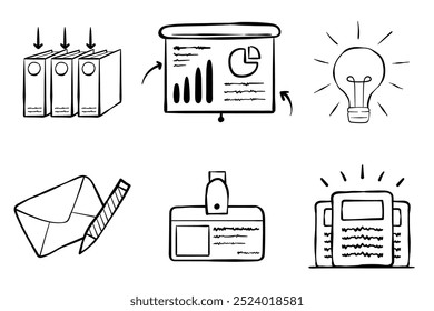 Hand drawn business and e-commerce illustration set. Finance and marketing sketch hand drawn doodle icon. Business elements. Vector illustration