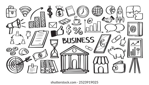 Elementos de negócios desenhados à mão, incluindo gráficos, dinheiro, alvos e pastas em estilo doodle. Ilustração de desenho animado vetorial