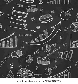 Hand drawn business elements seamless pattern on black background or blackboard