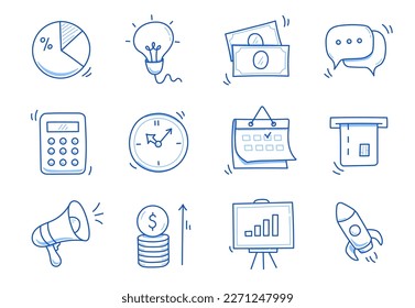 Hand drawn business icon set. Finance, money, investment icon sketch doodle blue pen stroke style. Business money, calendar, economic element. Vector illustration