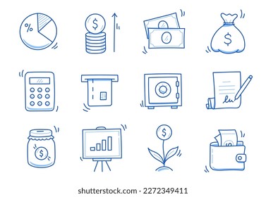 Hand drawn business icon set. Finance, money, investment icon sketch doodle blue pen stroke style. Business money, calculator, wallet element. Vector illustration