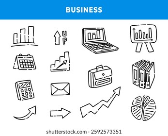 Hand drawn business icon set. Finance, money, marketing sketch drawn cute trendy doodle icon. Business money, finance calculator, economic elements. Vector illustration