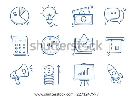 Hand drawn business icon set. Finance, money, investment icon sketch doodle blue pen stroke style. Business money, calendar, economic element. Vector illustration