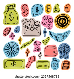 Hand drawn business icons. Finance, money, investment, strategy. Doodle, sketch design. Vector illustration