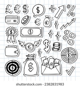 Hand drawn business icons. Finance, money, investment, strategy. Doodle, sketch design. Vector illustration