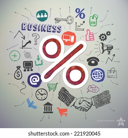 Hand drawn business icons set and sticker with discount symbol. Vector