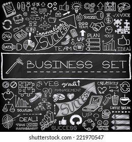 Hand drawn business icons set with arrows, diagrams, puzzle pieces, thumbs up and more.  Chalkboard effect. Vector Illustration.