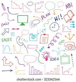 Hand drawn business icons, symbols, charts and graphs